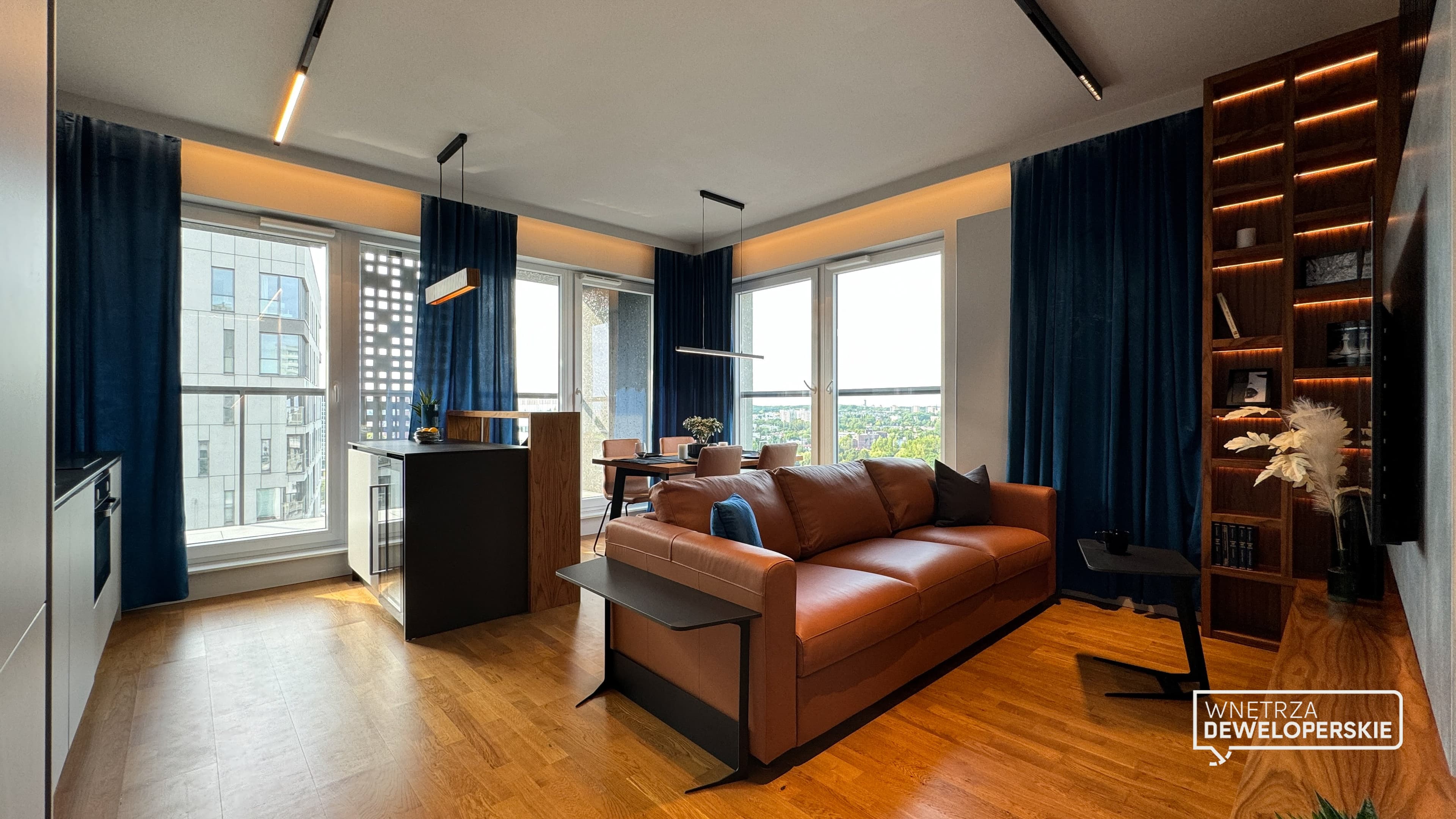 Living room in the apartment during the day, shot from the windows