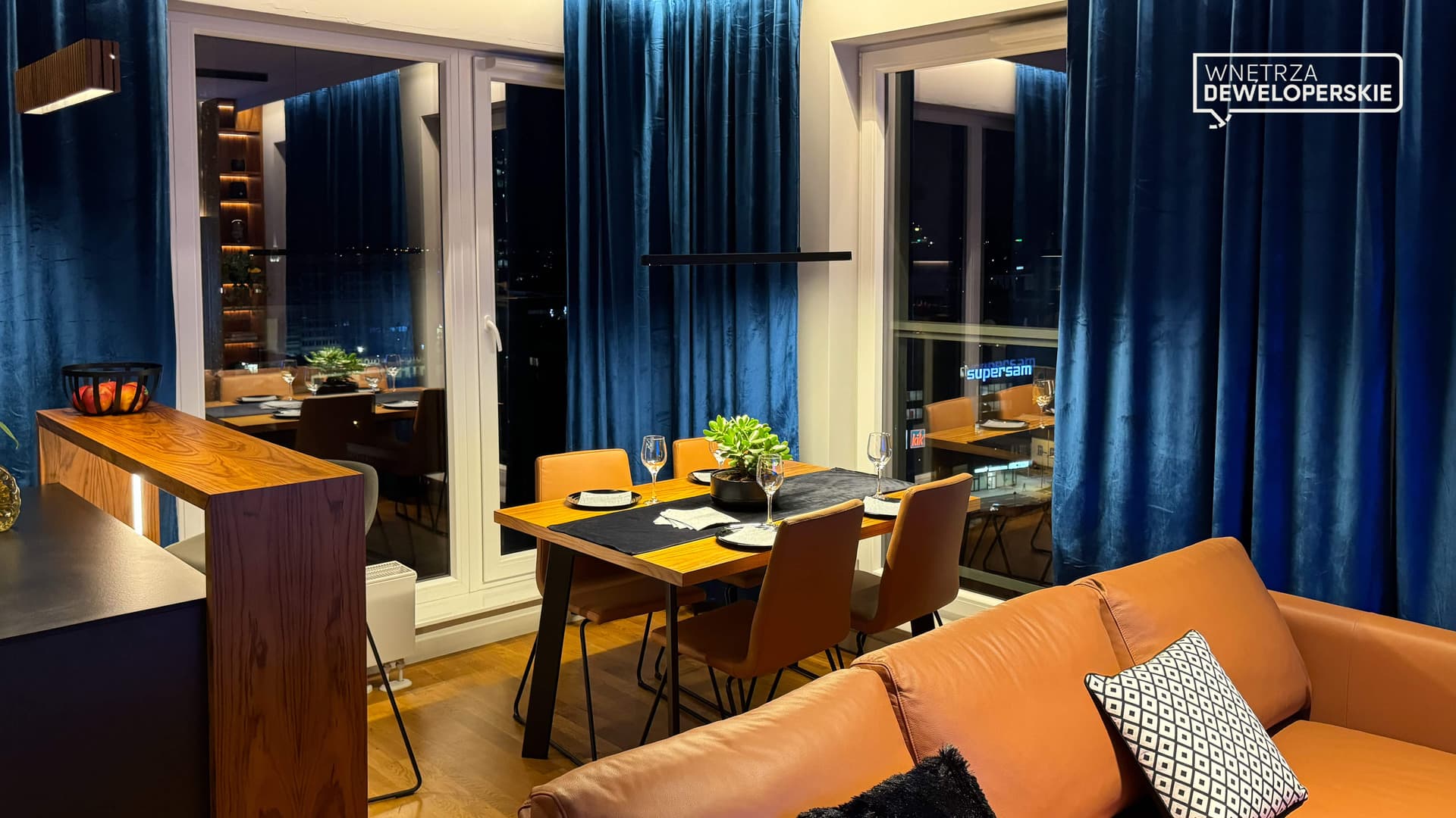 View of the windows from the living room in the evening